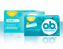 Imagem de diferentes produtos da gama de tampões o.b.®: o.b.® Original e o.b.® ProComfort™